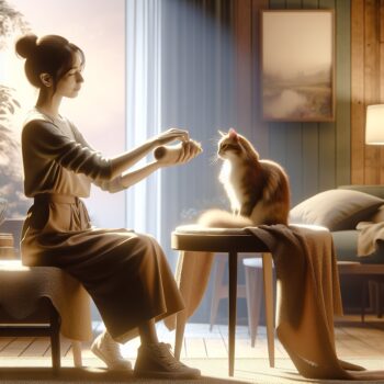 Visualize a scene of a person grooming a cat with delicate care. The person, a South Asian woman, is handling the cat gently, demonstrating patience and loving kindness. The cat, initially wary, starts to trust the person. Set in an indoor setting, perhaps a cozy living room, where calm and comfort are invoked through subtle elements such as soft lighting, serene colour palette, and comfortable furniture. Manifest the bond transcending between them, the sense of trust and friendship blossoming. Create this image in a realistic, high-definition style. Make sure no text or Arabic numerals appear in the picture.