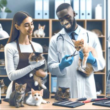 Create an image in a realistic style and high definition that depicts a scene inside a professional animal clinic. Visualize a professional groomer and a veterinarian, both different in gender and ethnicity. The groomer, a Caucasian woman, is showing various grooming tools suitable for cats to a concerned pet owner. The veterinarian, a Black man, is gently handling a diverse range of cats, demonstrating proper grooming techniques. Emphasize on the comfortable environment for the cats. Avoid any form of text or Arabic numerals in the  picture.