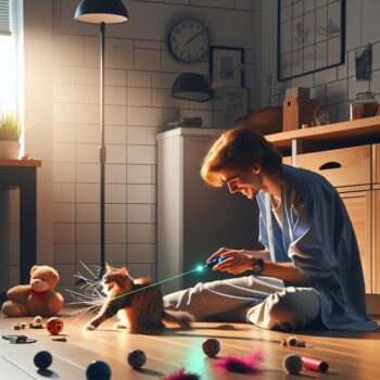 Create an image in a realistic style, high-definition quality, showing a person engaging in playtime with their cat. The scene should include various interactive toys (such as balls, feathers, etc.), a laser pointer, and catnip. The person is actively playing with the cat using the laser pointer and they both seem happy and engaged. The cat is chasing the light and the person is laughing. Around them, on the floor, scattered toys and catnip can be seen. Their strong, joyful connection is palpable. No text or Arabic numerals should appear in the image.