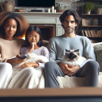 Create an image showcasing a realistic, high-definition family setting. The focus should be a family of three, with diverse individuals including a Black woman, a Hispanic man, and their South Asian daughter. They are in the living room, seated on a comfortable plush couch, engrossed in a movie playing on a big-screen television. They are wearing casual lounge wear and their expressions indicate they are enjoying the movie. Cozied up with them on the couch is a fluffy domestic cat, who seems to be part of the gathering. No text or Arabic numerals should be present in the image.