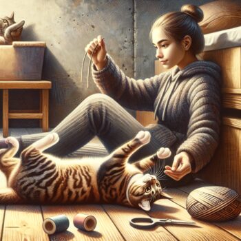 Craft a high-quality, realistic-style image that resembles a heartfelt moment between a cat owner and their pet. The human is participating in an interactive game with the cat using a toy, their eyes are dazzling with excitement and enjoyment from playing. Transitioning from this scene, show them engaging in a mild wrestling encounter. No part of their playtime should appear rough or harmful. Concluding this, depict the owner tenderly petting and cuddling their cat as a symbol of their bond. The act should appear therapeutic for both parties. There should be no text or Arabic numerals in this painting.