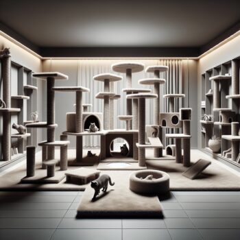 Imagine a well-furnished living room in a contemporary style. The centerpiece is a large and intricately designed cat tree that consists of scratching posts, multiple platforms at varying heights and secluded sleeping areas. Adjacent to it are wall-mounted cat shelves of varying sizes and heights forming an engaging pathway for a cat to explore. The room indicates a clear emphasis on feline comfort and entertainment. The scene is cloaked in realistic and high-definition detail, capturing the cozy and playful atmosphere of the room without any text or numeric elements.