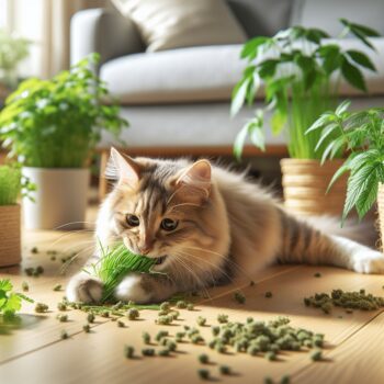 Create a high-definition image in a realistic style, showcasing a playful domestic feline in a domestic setting. The focus should be on the cat playfully interacting with cat-friendly plants like catnip and cat grass. The overall environment should evoke a strong sense of safety and stimulation for the cat. The presence of these plants should illustrate the diversity in the indoor flora, thereby promoting the idea of creating a mutual environment for pets and plant-loving humans alike. The cat is fully immersed in the environment, playfully chewing and exploring the plants, showcasing the embodiment of happiness and health. There should be no text or Arabic numerals contained in the picture.