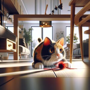 Create an image in a realistic style showcasing an open plan house interior with modern furnishings. In the frame, include a calico cat, sharply lit, showing excitement and alertness, with eyes wide open and fur bristling, carefully sniffing around. The cat is exploring hidden corners, under furniture, looking for a hidden red-feather toy or treat. The scene should be set during the day, with sunlight illuminating the house, creating shadows and contrast. The color palette should be warm, capturing a joyous and engaging atmosphere. The image should be in high definition and without any text or Arabic numerals.