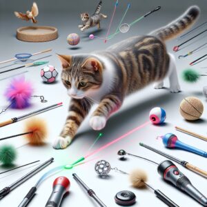 Generate a realistic, high-definition image of a playful domestic cat interacting with various interactive toys that stimulate its predatory instincts. The cat is pouncing towards a feather wand, batting a jingling ball, and chasing a laser pointer. The toys are designed to provide mental and physical stimulation for the cat and ward off boredom, encouraging continuous active play. Include a variety of other similar toys scattered around in the scene to emphasize the plethora of available options. The image does not contain any text or Arabic numerals.