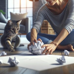 A detailed image in a realistic style and high definition. Imagine a middle-aged Caucasian woman sitting on the floor in a casually furnished living room, crumpling up a piece of paper into a ball. The crumpled paper becomes the focal point of the picture. Nearby, her tabby cat sits attentively, its eyes wide with anticipation. The woman gives the paper a gentle roll across the floor. At this moment, the cat’s eyes light up with excitement and it pounces on the paper ball, batting it around with its paws in a playful manner. No text or Arabic numerals are present in the scene.