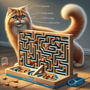 Create an image in a realistic style and in high definition, showcasing a furred cat interacting with a maze or puzzle toy to find hidden treats. The cat should look eager and excited, clearly demonstrating intelligent problem-solving. Include scenes of discovery as the cat navigates each twist and turn of the puzzle, and moments of triumph when it successfully retrieves hidden treats, conveying a sense of accomplishment. Please ensure that their heightened curiosity and intelligence are brought out. Please, avoid including any text and Arabic numerals in the image.