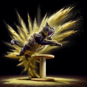 Create a realistic, high-definition scene of a domestic cat indulging in an explosive bout of playfulness and energy. The depiction should be centered around a traditional cat toy or a scratching post that has been sprinkled generously with catnip, exhibiting a powerful response from the feline. The cat is displaying wild and carefree behavior, bouncing off the walls in sheer joy, providing a spectacle of playful amusement. Please ensure that the image contains no text or Arabic numerals.