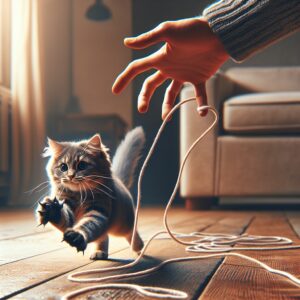 Create an image in realistic style and high definition where a human hand is dragging a string or shoelace along the floor. A fully engaged and playful domestic cat is mid-action, untamed and agile, chasing and preparing to pounce on the string. The surrounding environment indicates a cozy and warm domestic setting, with subtle elements indicating affection and bonding between the cat and its owner. Please ensure no text or Arabic numerals appear in the image.